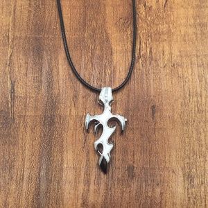 Unisex Flame Cross White Pendant Black Leather